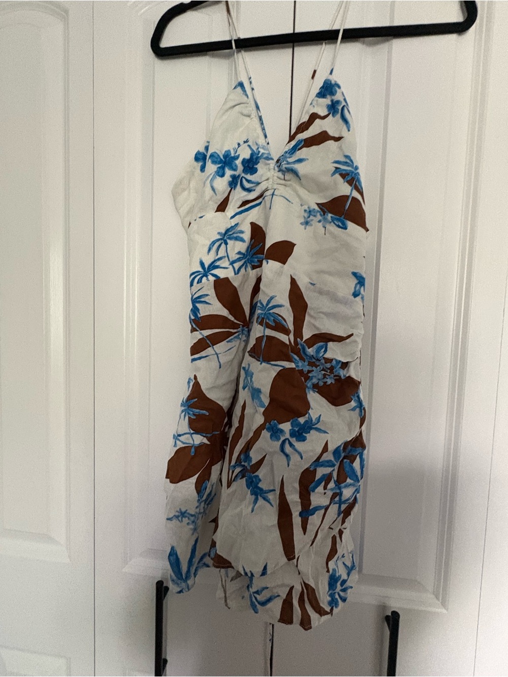 Zara White Mini Dress with Blue Floral and Brown Leaf Print